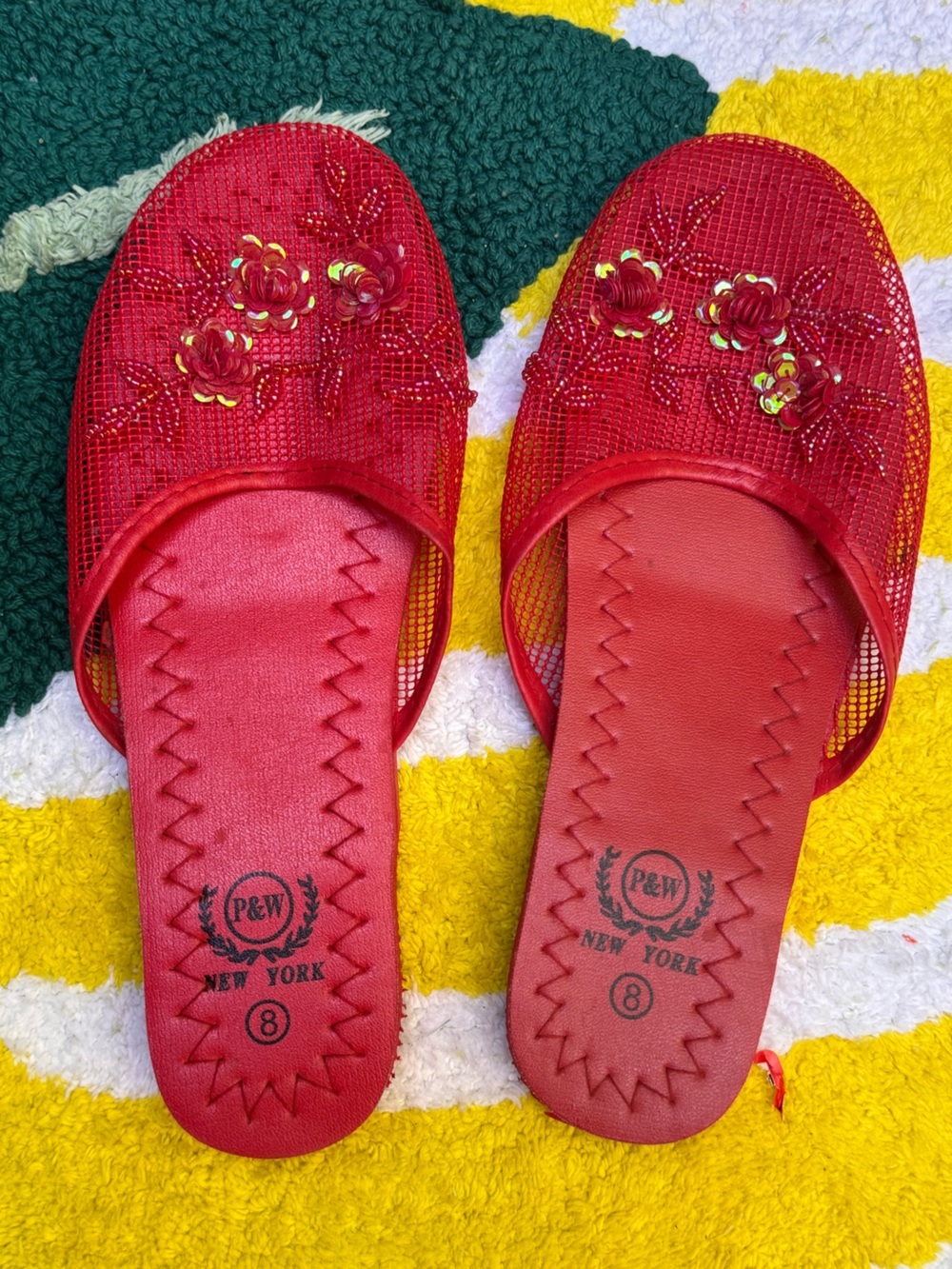 P&W New York Red Beaded Sequin Mesh Slide Sandals Slippers Size 8